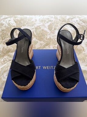 Stuart Weitzman Navy Suede Espadrille Wedge Sandals